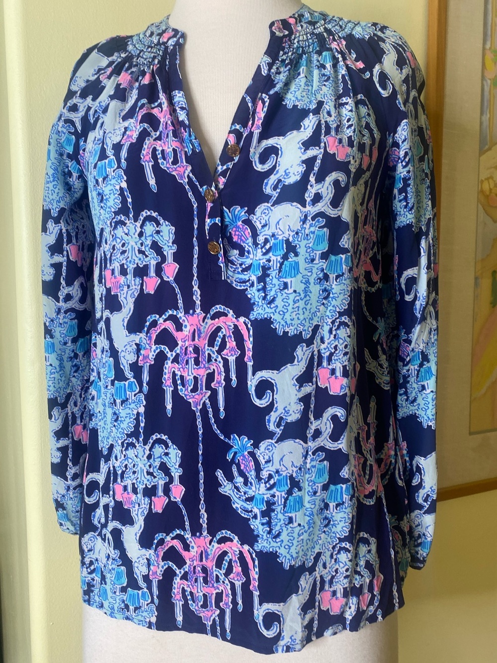 Lily Pulitzer Silk Navy Blue Printed Henley Blouse